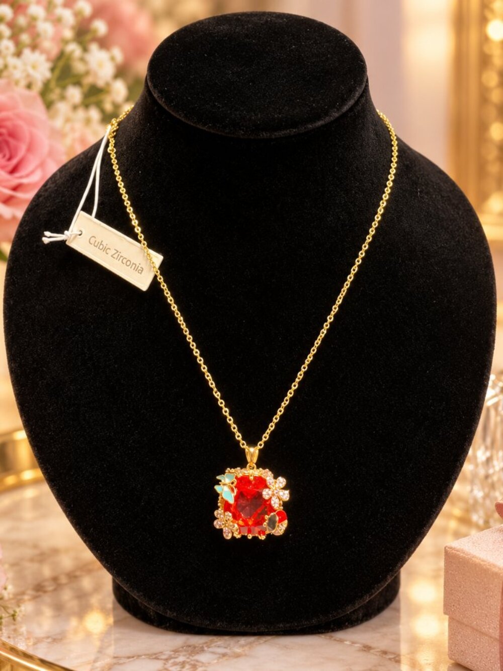 Red Cubic Zirconia Pendant chain Gold Tone Ladybug Butterfly Flower nature